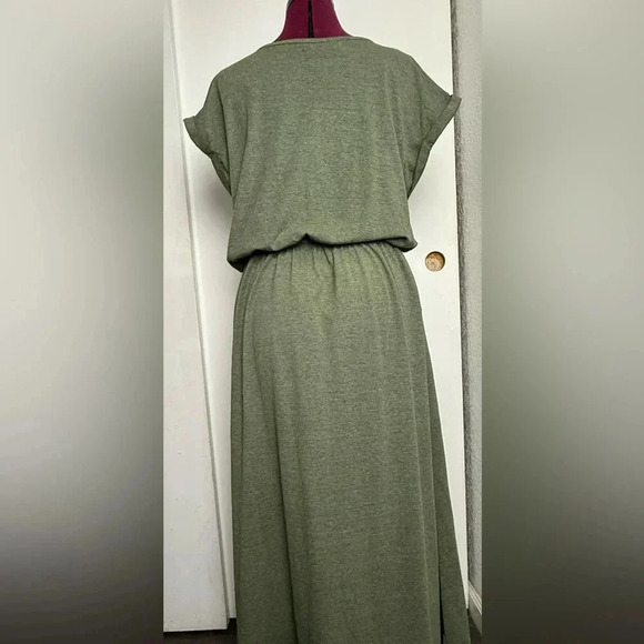 Womens OLIVE GREEN HEATHERED MAXI DRESS Side Slits POCKETS Elastic Waist - Picture 2 of 11